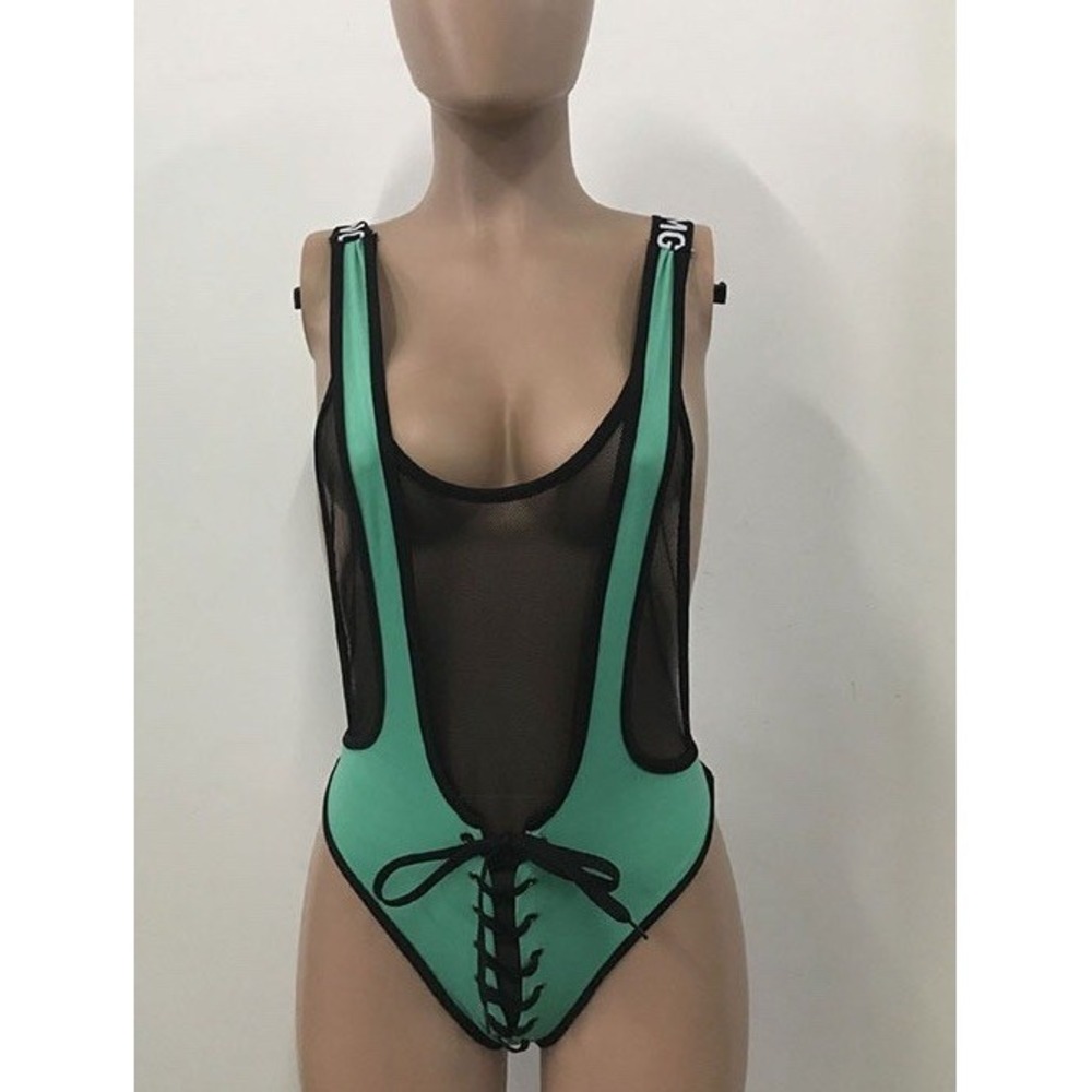 OMG Swimwear One Piece Swimsuit Large Neon Green Plunge Lace Up‎ Mesh